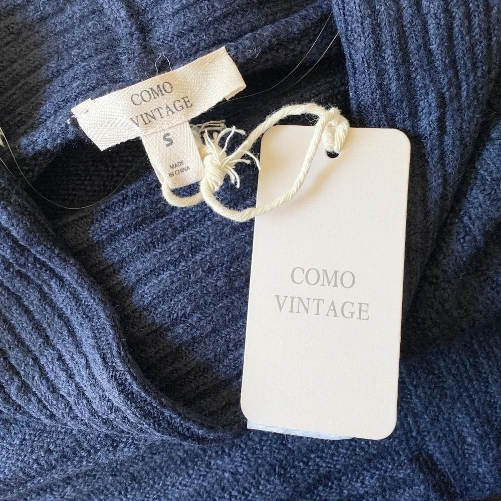 Como Vintage ribbed funnel neck sweater navy blue small mock high‎ new NWT